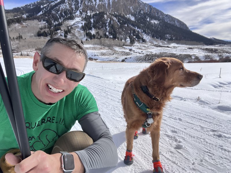 Josh and Scout cross-country skiing